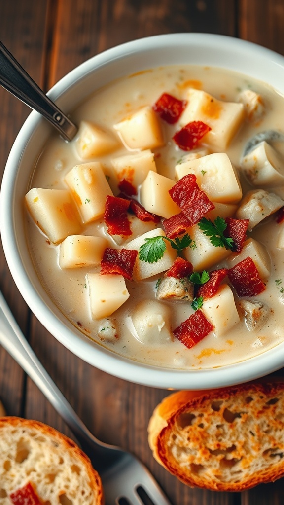 A bowl of clam chowder with clams, potatoes, bacon, and parsley on a rustic table with bread.